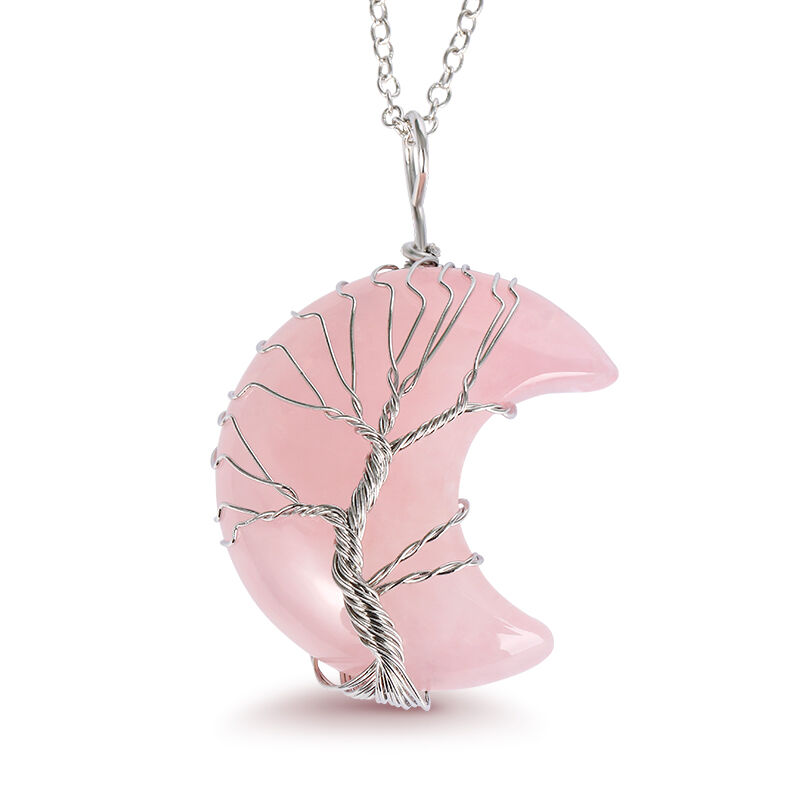 Jeulia Collar de cuarzo rosa natural con colgante de media luna con árbol de la vida sinuoso