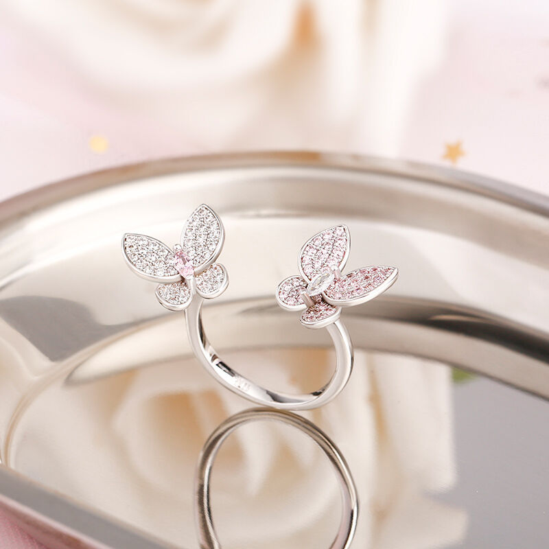 Jeulia "Spring is Coming" Two Butterfly Sterling Silver Ring