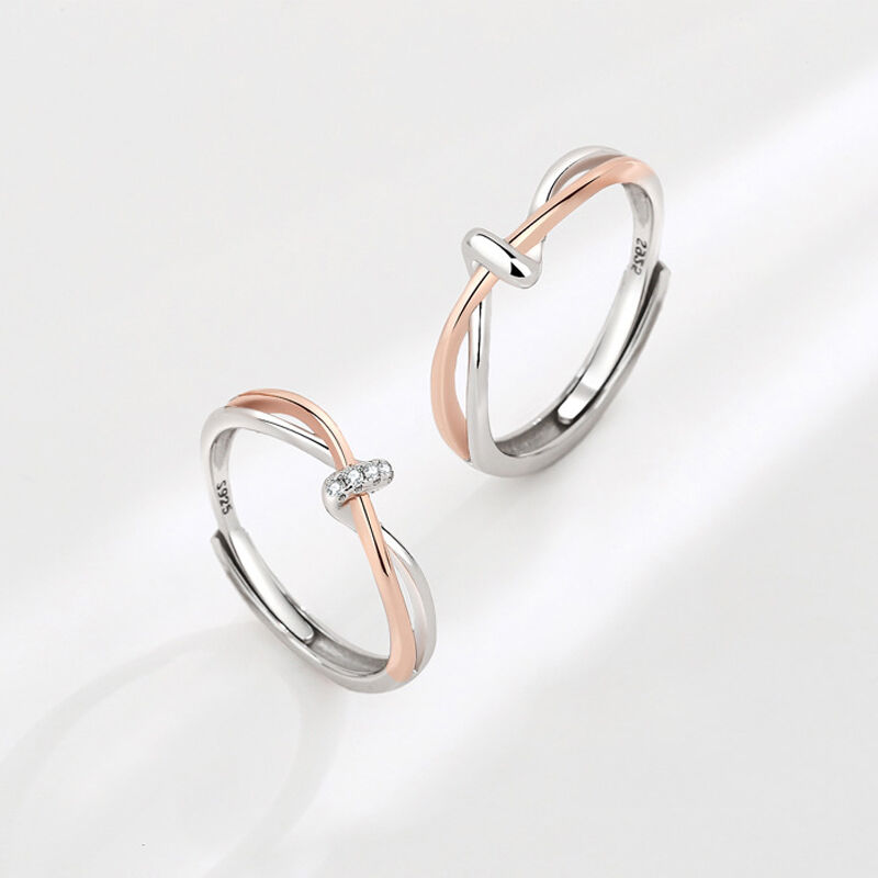 Jeulia Two Tone Knot Design Sterling Silver Adjustable Couple Rings