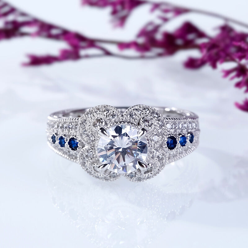 Jeulia Milgrain Flower Design Round Cut Sterling Silver Ring