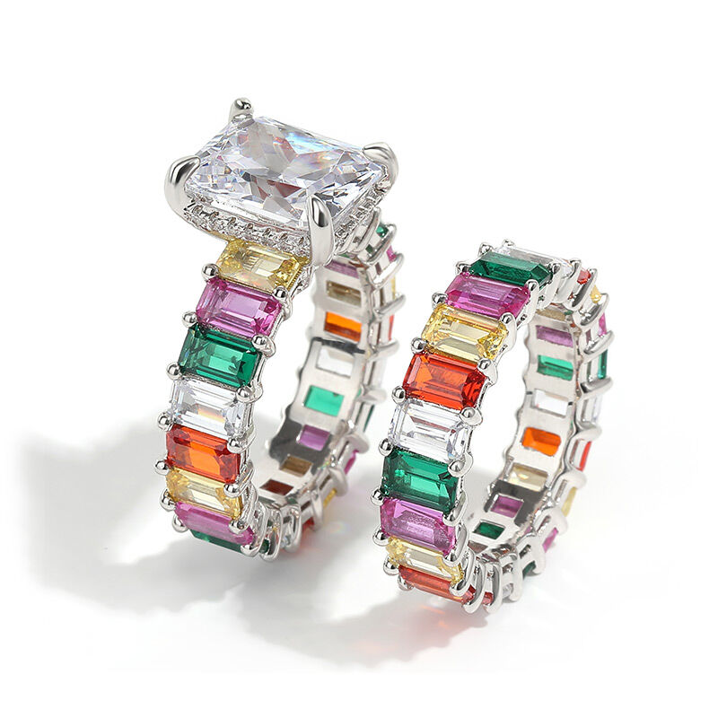 Jeulia "Blazing with Color" Radiant Cut Sterling Silver Ring Set