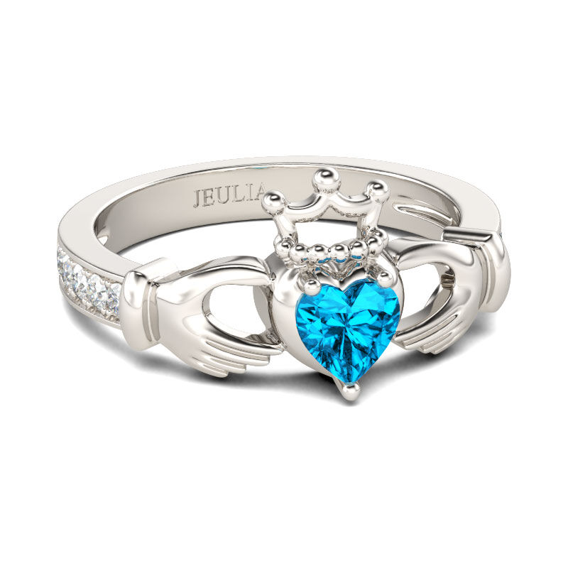 Jeulia Heart Cut Claddagh Sterling Silver Ring