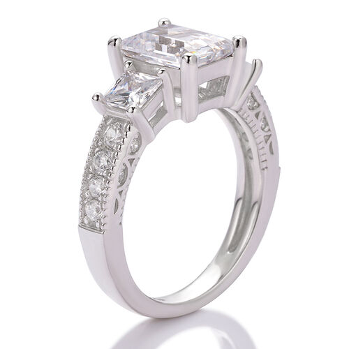 Jeulia Three Stone Emerald Cut Sterling Silver Ring