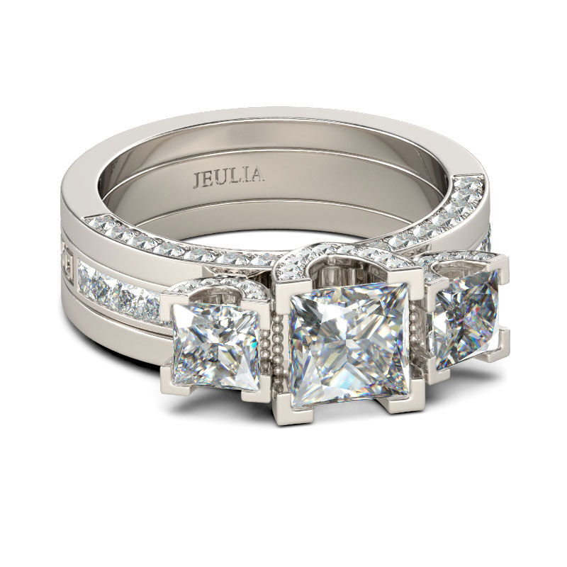 Jeulia Three Stone Interchangeable Princess Cut Sterling Silver Ring Set