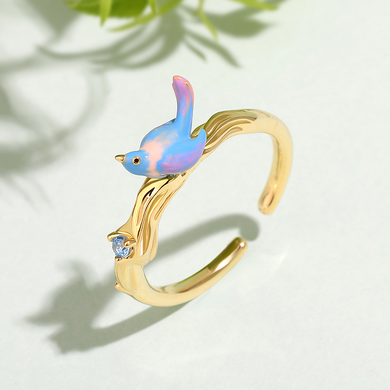 Jeulia Bird Design Enamel Adjustable Sterling Silver Ring
