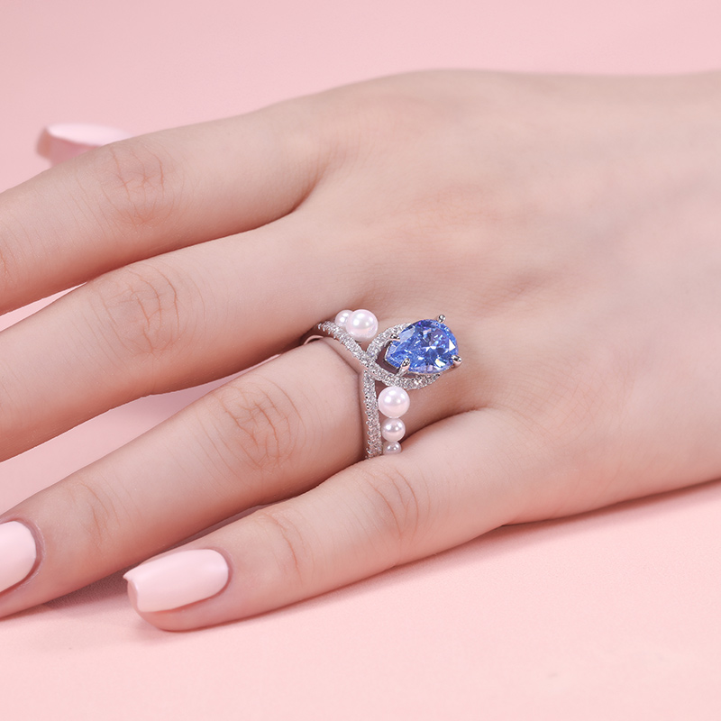 Jeulia Aquamarine Pear Infinity Pearl Ring Twist Sterling Silver