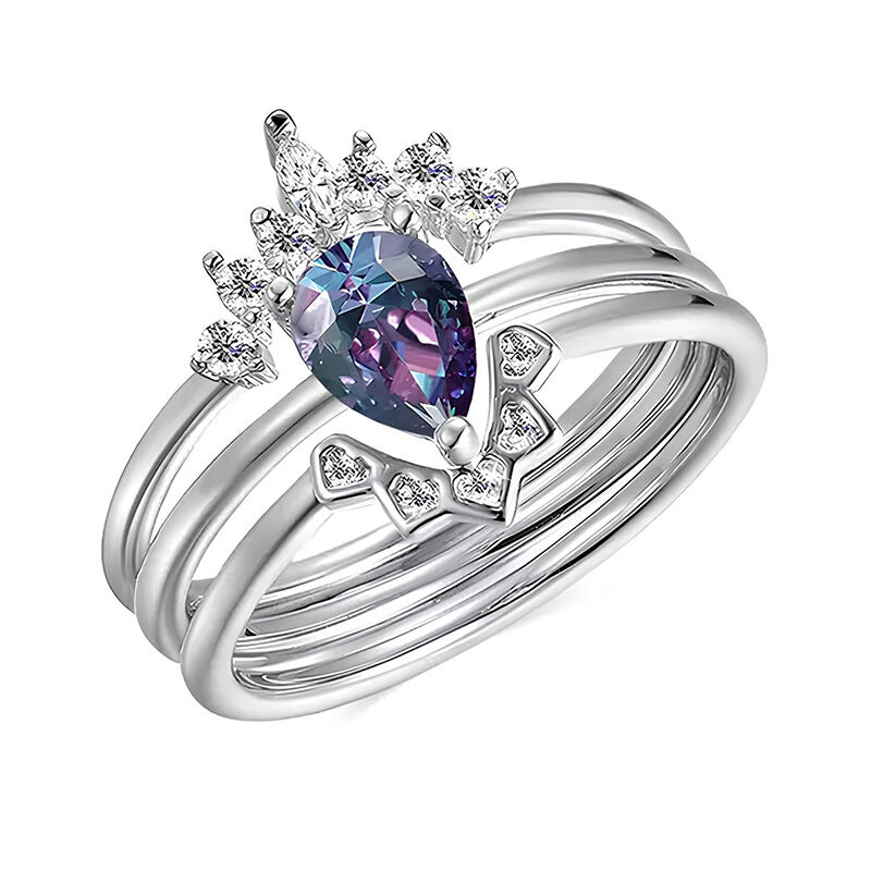 Jeulia Conjunto de Anillos Compromiso Alejandrita Forma Pera Plata Esterlina