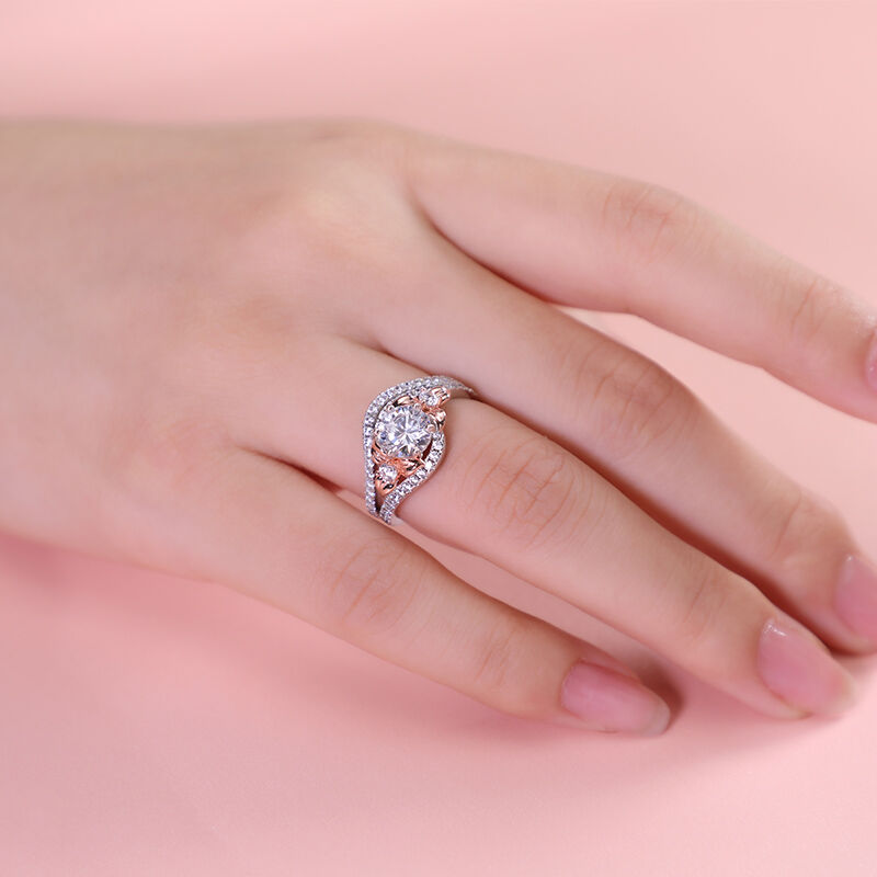 Jeulia Juego de Anillos de Plata de Ley con Corte Redonda y Diseño Floral