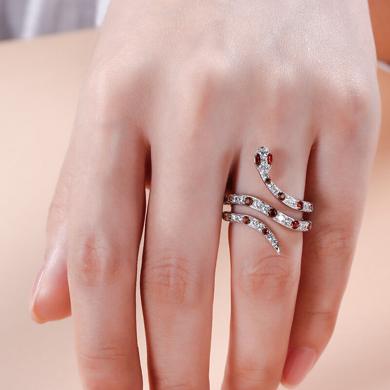 Jeulia Anello Cocktail a Forma di Serpente Rubino Rosso in Argento Sterling