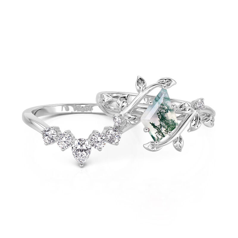 Jeulia Juego de Anillos de Ágata Musgo con Hoja Envolvente en Plata Esterlina