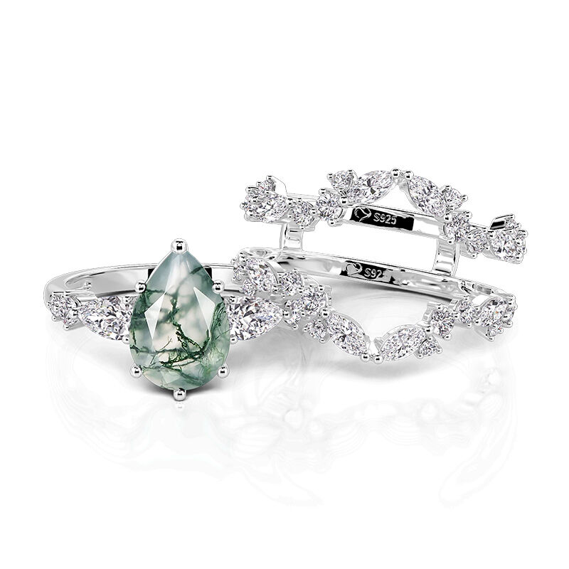 Jeulia Olivetta Juego de Anillos Corte Pera de Ágata Musgo