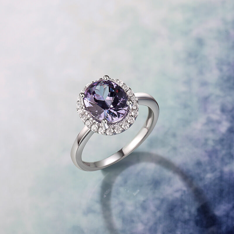 Jeulia Halo Oval Alexandrite Engagement Ring Sterling Silver