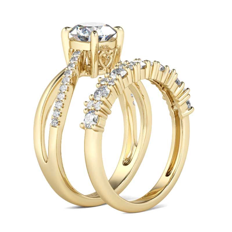 Jeulia Gold Tone Round Cut Sterling Silver Ring Set