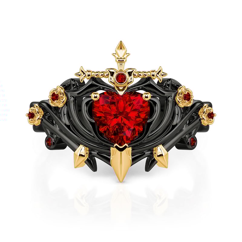 Jeulia Red Heart Sword Ring with Black Thorn Band
