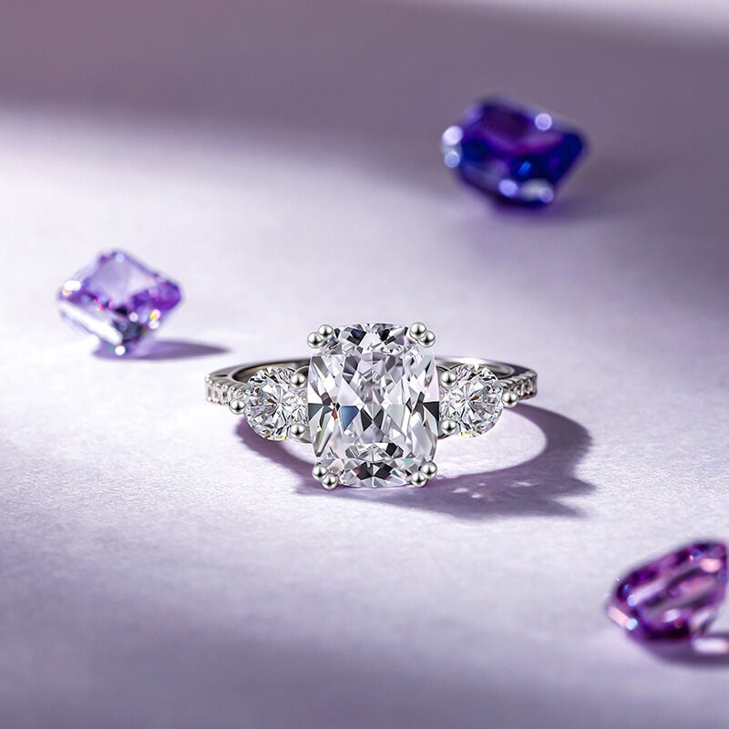 Jeulia Three Stone Engagement Ring with Pave Accents