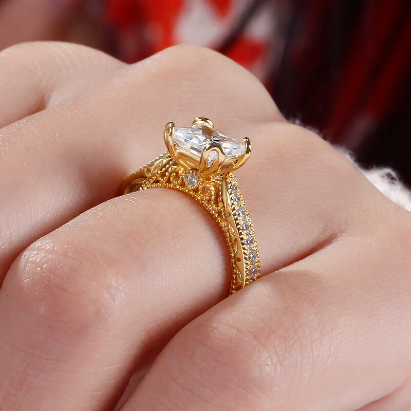 Jeulia Gold Tone Milgrain Princess Cut Sterling Silver Ring