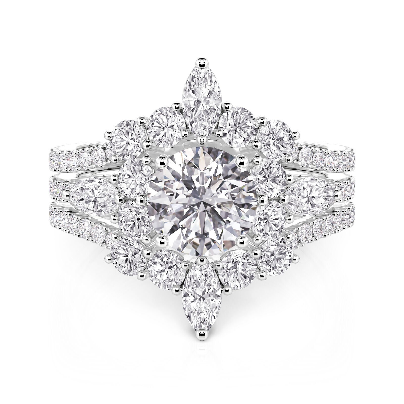 Jeulia Round Cut Three Stone V-Shaped Engagement Ring Set