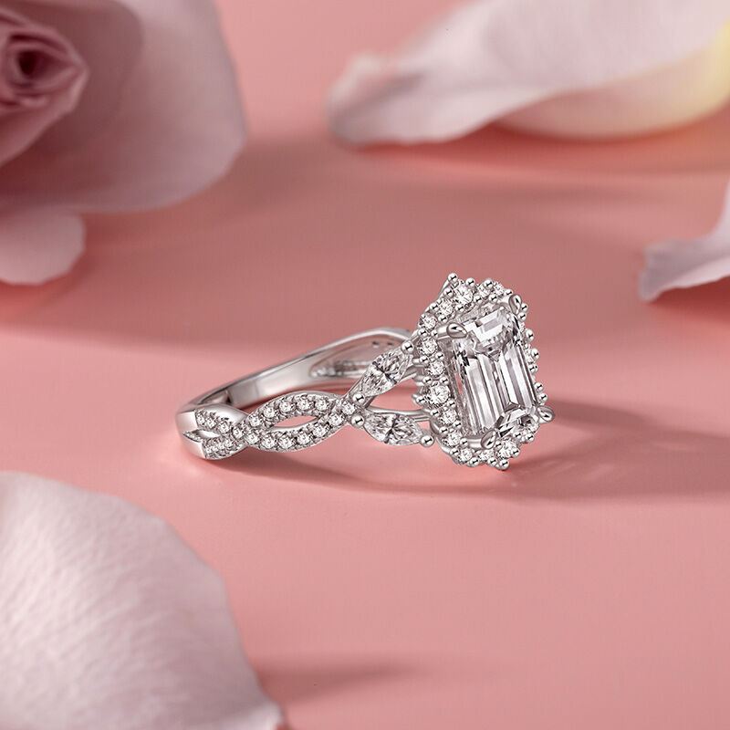 Jeulia Prosty Skręcany Pierścień Ślubny Halo Emerald Cut