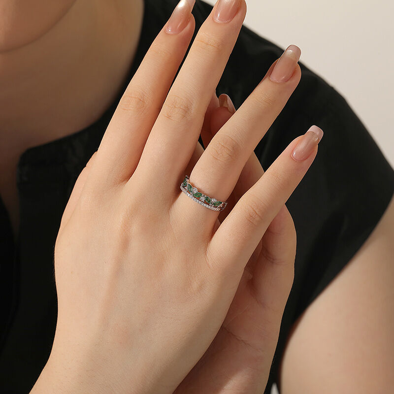 Jeulia Bague Double Rangée en Agate Mousse Coupe Marquise pour Femmes