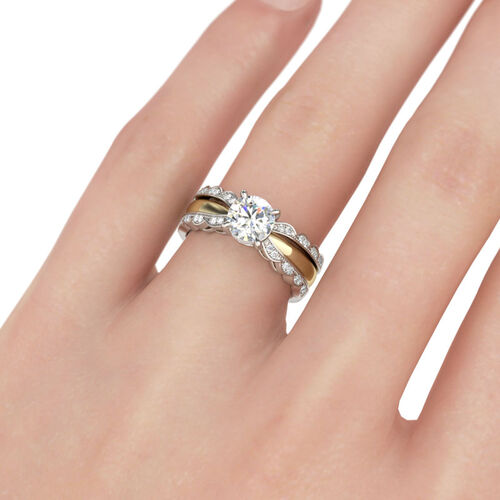 Jeulia Two Tone Round Cut Interchangeable Sterling Silver Ring Set