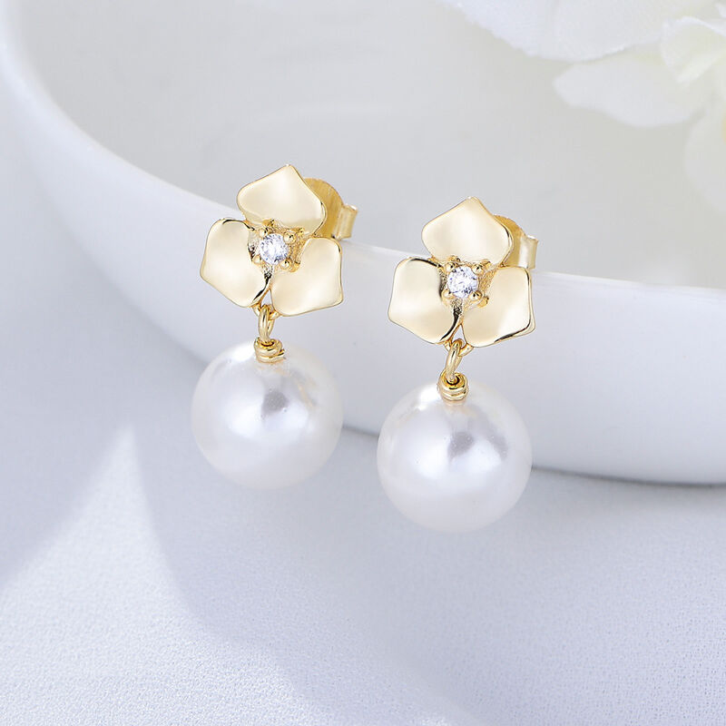 Jeulia Flower Cultured Pearl Sterling Silver Drop Earrings