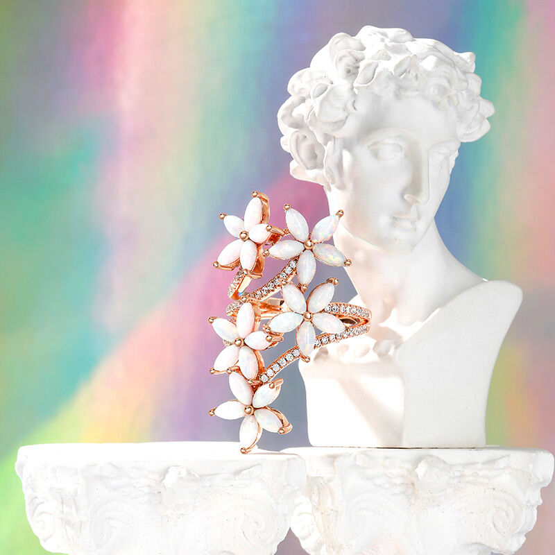 Jeulia Anello Particolare con Fiore e Opale in Argento Sterling