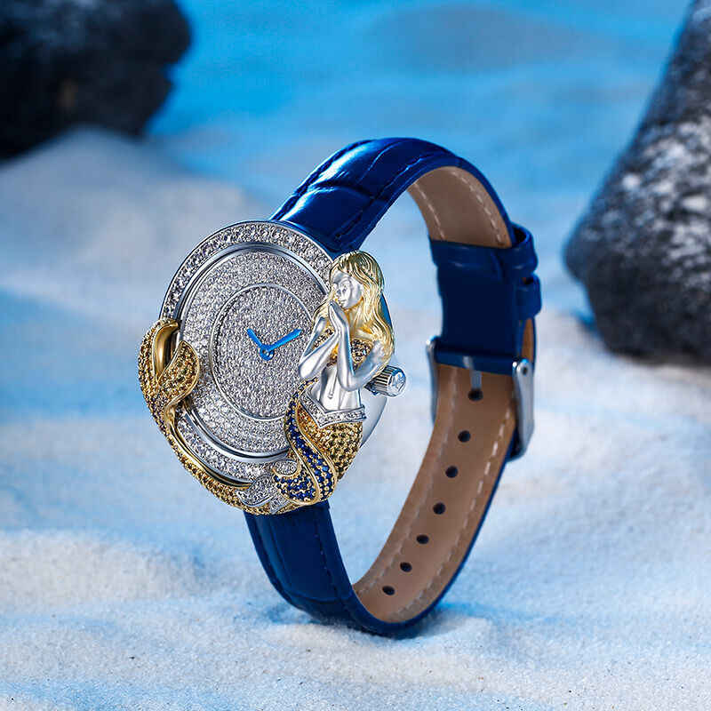 Jeulia マーメイド 人魚デザイン クォーツ ブルー レザー レディース ウォッチ 時計