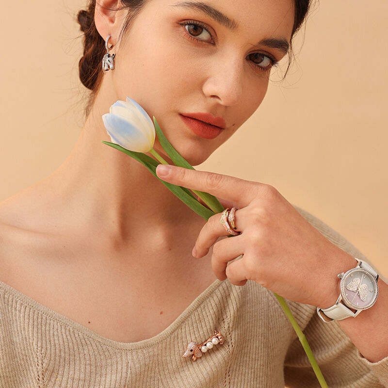 Jeulia " Arc-en-ciel de rêve " Montre avec Cadran Ombre Motif de Papillon Quartz Cuir Blanc