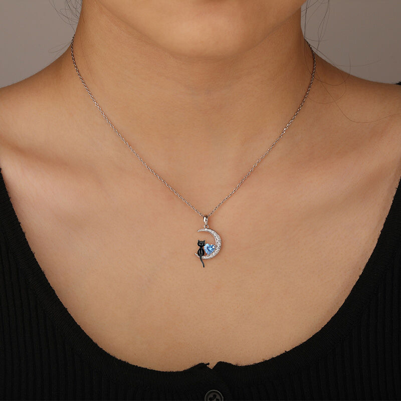 Jeulia Luna Astra Moon Black Cat Necklace with Birthstone