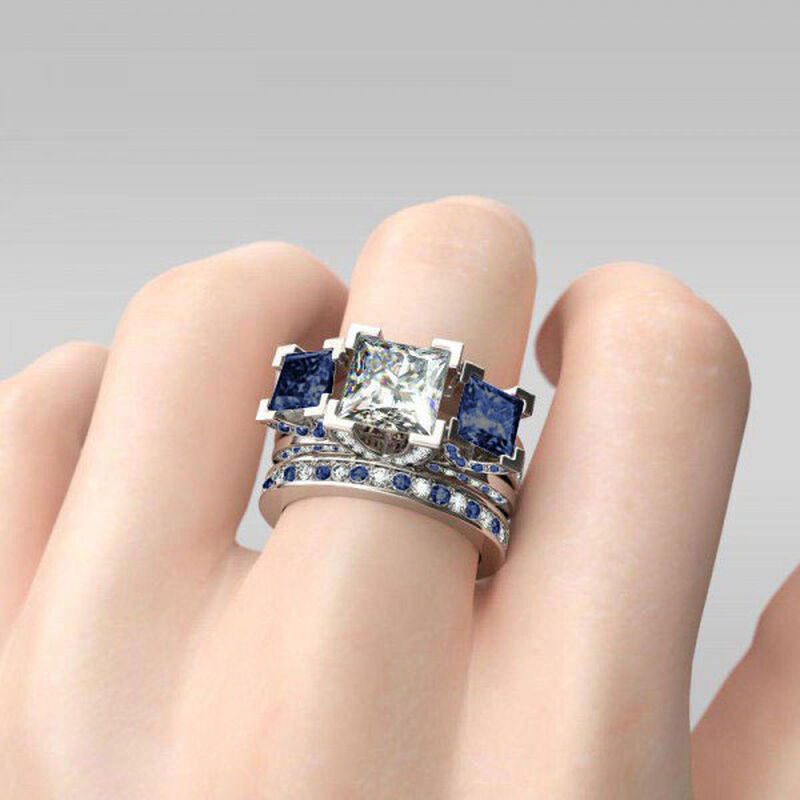 Jeulia Conjunto De Anillos Con Tres Piedras De Talla Princesa En Plata De Ley