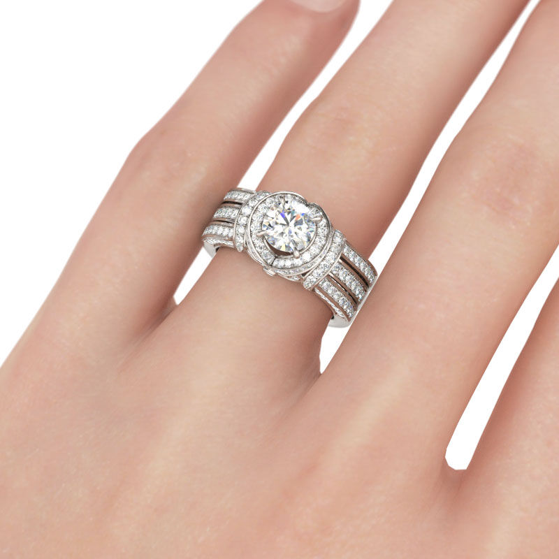 Jeulia Conjunto De Anillos Con Halo De Talla Redonda En Plata De Ley