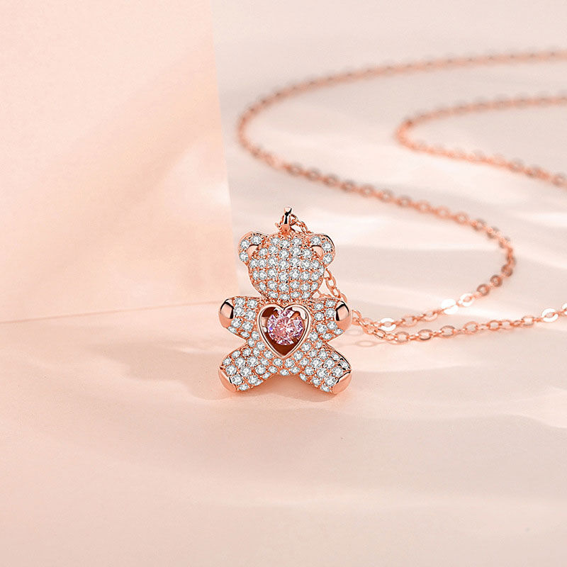 Jeulia Cute Teddy Bear Heart Sterling Silver Necklace
