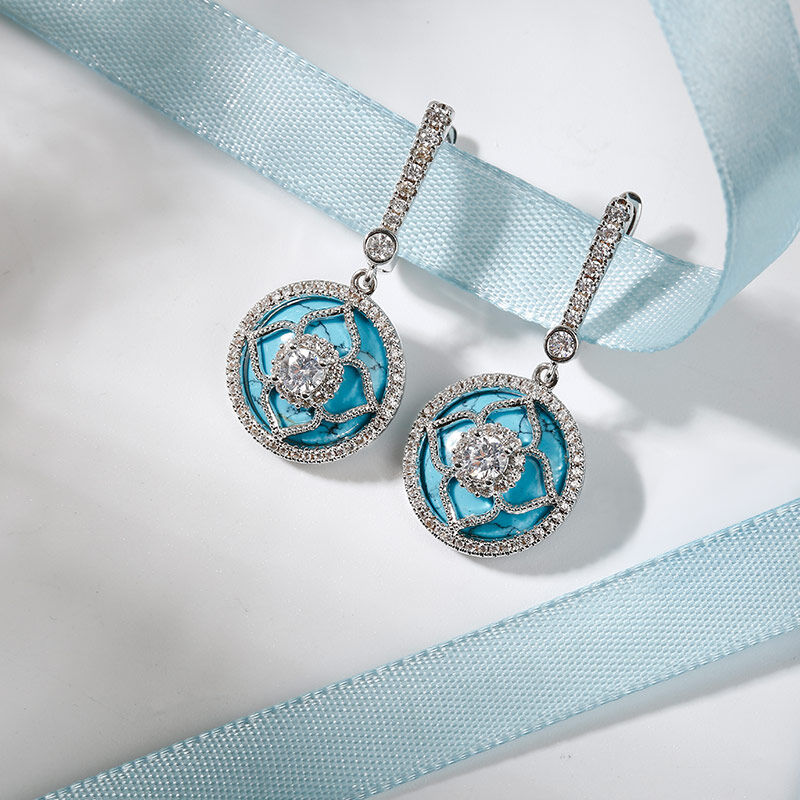 Jeulia "Lucky Choice" Flower Turquoise Sterling Silver Drop Earrings