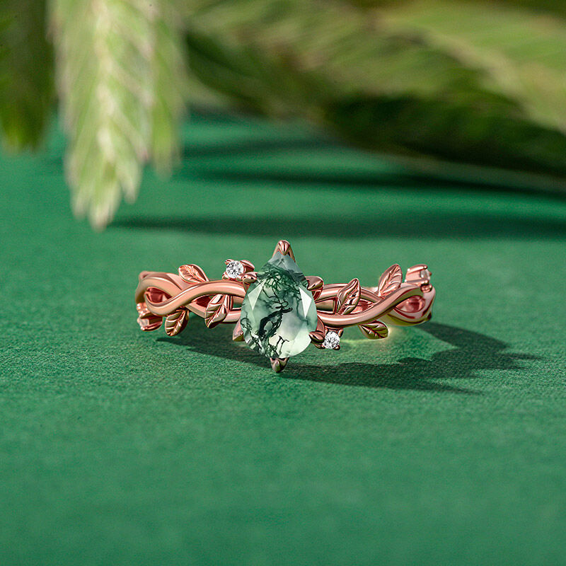 Jeulia Anillo de Compromiso en Forma de Pera de Ágata Musgo y Oro Rosa con Hoja de Vid