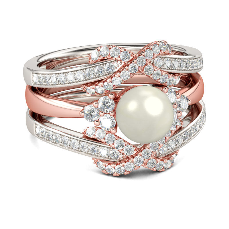 Jeulia Two Tone Faux Pearl Sterling Silver Enhancer Ring Set