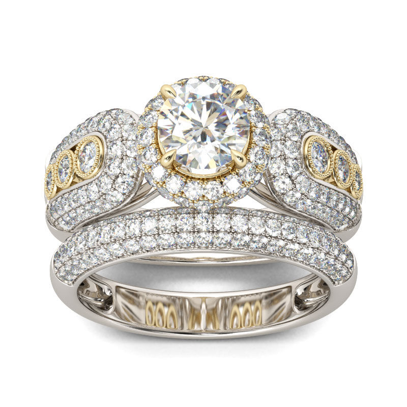 Jeulia Conjunto De Anillos Con Dos Tonos De Halo De Talla Redonda En Plata De Ley