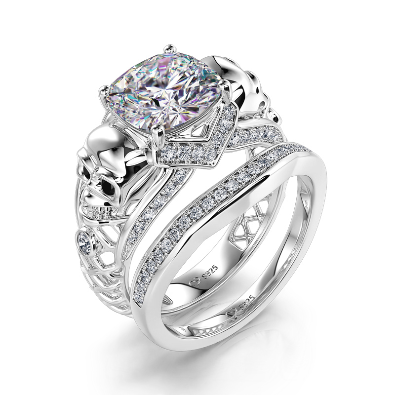 Jeulia "Until Death" Hollow Two Skull Cushion Cut Sterling Silver Ring