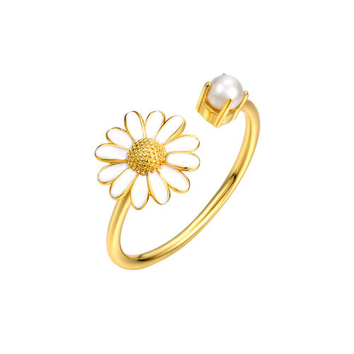 Jeulia Daisy Flower Cultured Pearl Sterling Silver Adjustable Open Ring