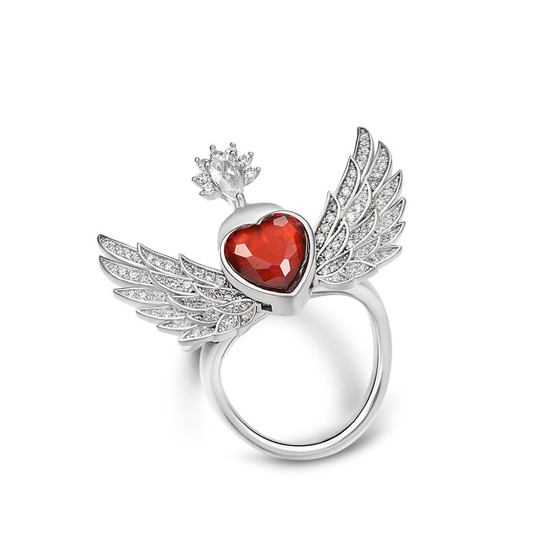 Jeulia Anillo movible con corazón y alas de ángel de piedras de plata de ley