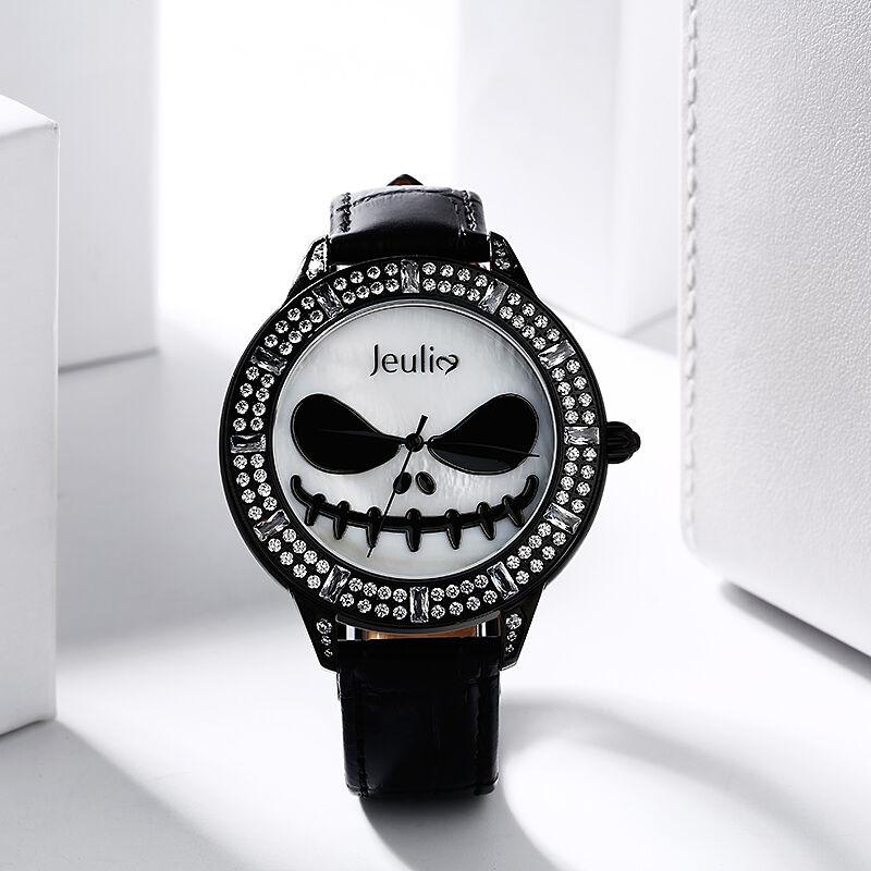 Jeulia "Master of Fright" Skull Design Quartz Black Leather Watch with Mother-of-Pearl Dial