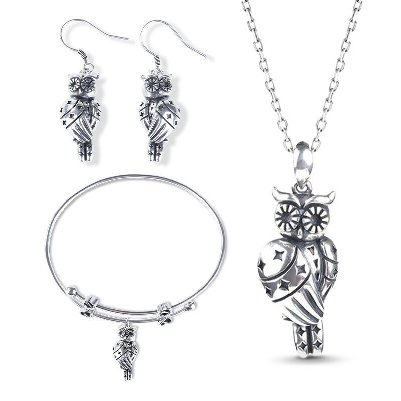 Jeulia Cute Owlet With Stars Sterling Silver Jewelry Set