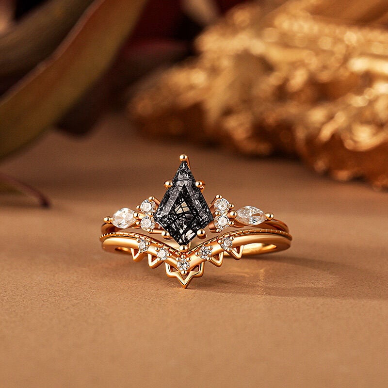 Jeulia Classic Kite Cut Black Rutilated Quartz Ring Set