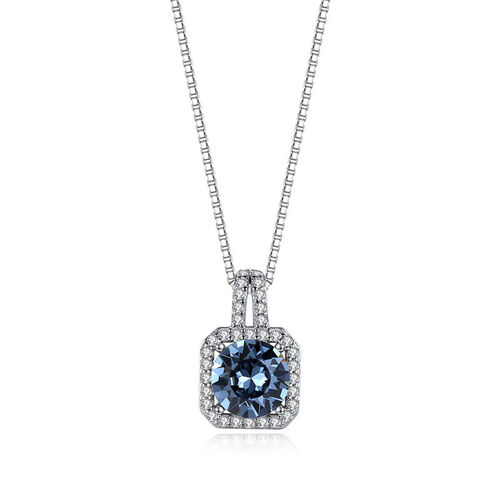 Jeulia Blue Sapphire Cushion Shaped Halo Sterling Silver Necklace