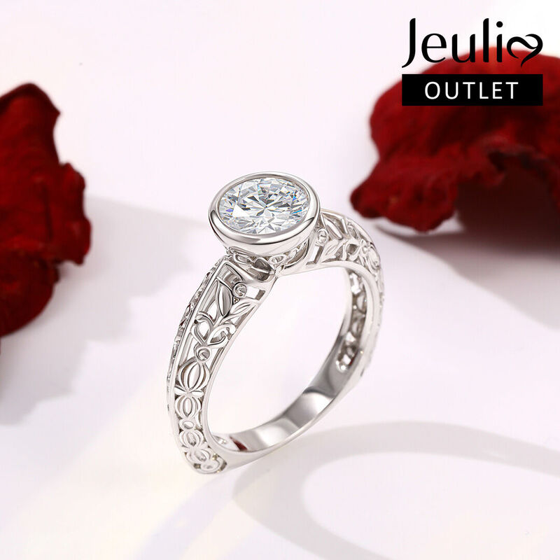 Jeulia Leaf Design Round Cut Sterling Silver Ring