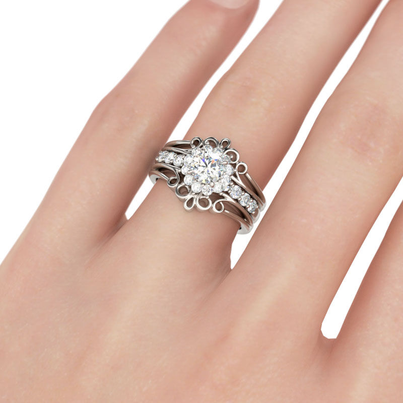 Jeulia Conjunto De Anillos Florales Intercambiables Con Halo De Talla Redonda En Plata De Ley