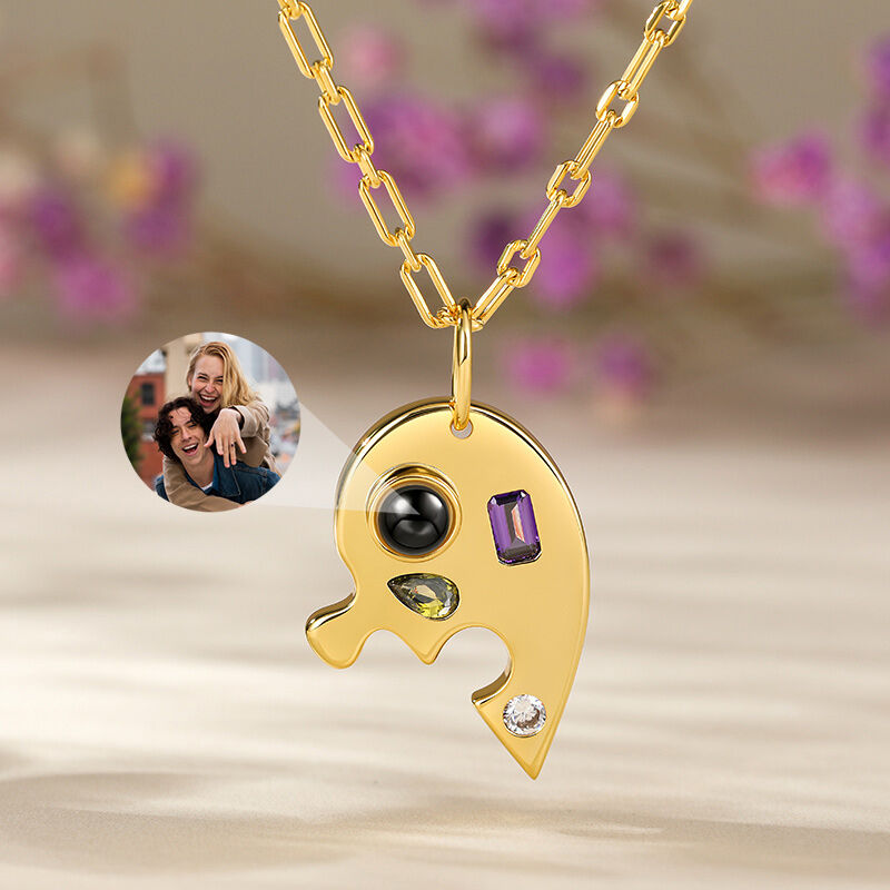 Jeulia Half Heart Puzzle Design Personalized Photo Projection Sterling Silver Necklace
