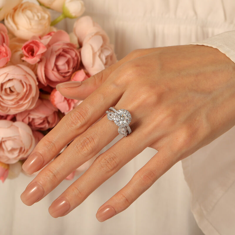 Jeulia Set Fedi Nuziali con Alone in Tre Pietre e Argento Sterling 2Pezzi