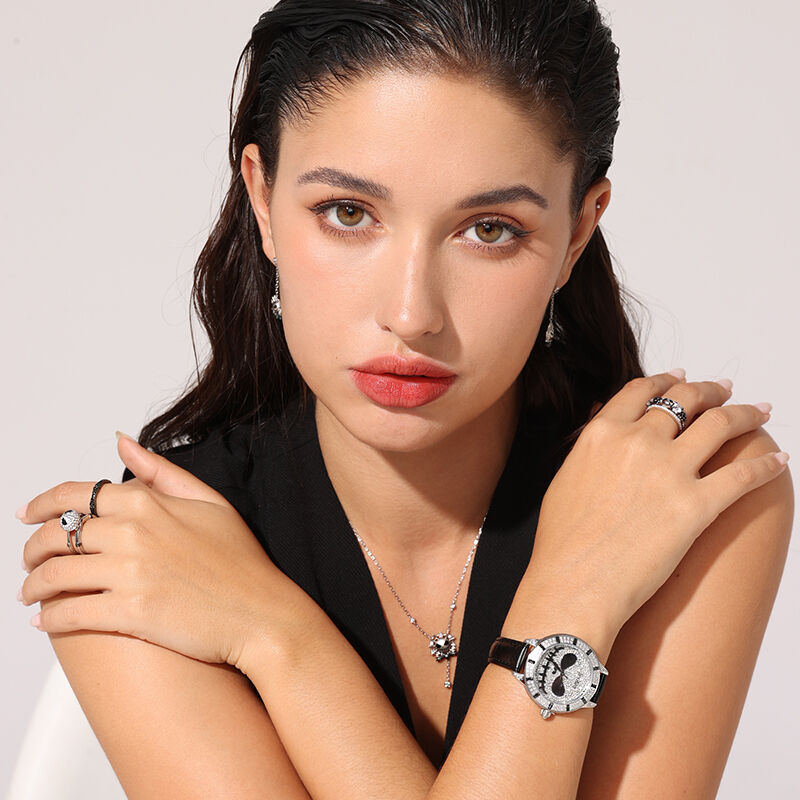Jeulia "Demon of Light" Orologio Da Donna Al Quarzo In Pelle Nera Con Design Del Teschio