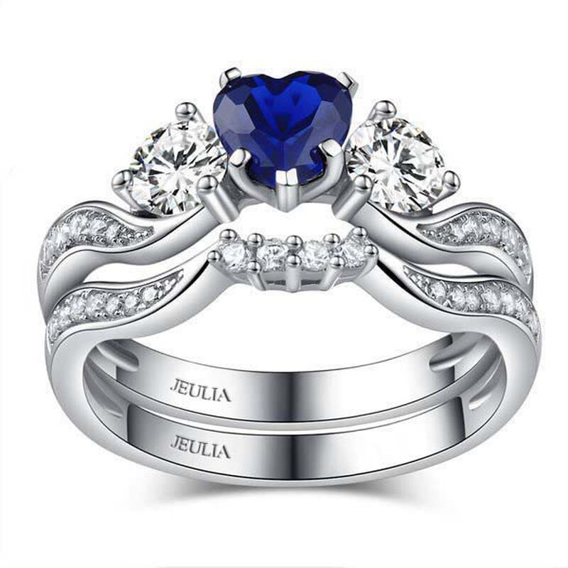 Jeulia Three Stone Heart Cut Sterling Silver Ring Set