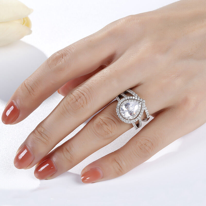 Jeulia Double Halo Pear Cut Sterling Silver Ring Set